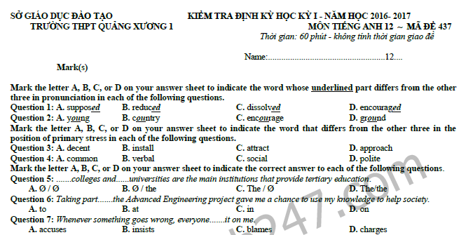 Đề thi học kì 1 môn Tiếng Anh lớp 12 - THPT Quảng Xương 1 năm 2016 - 2017