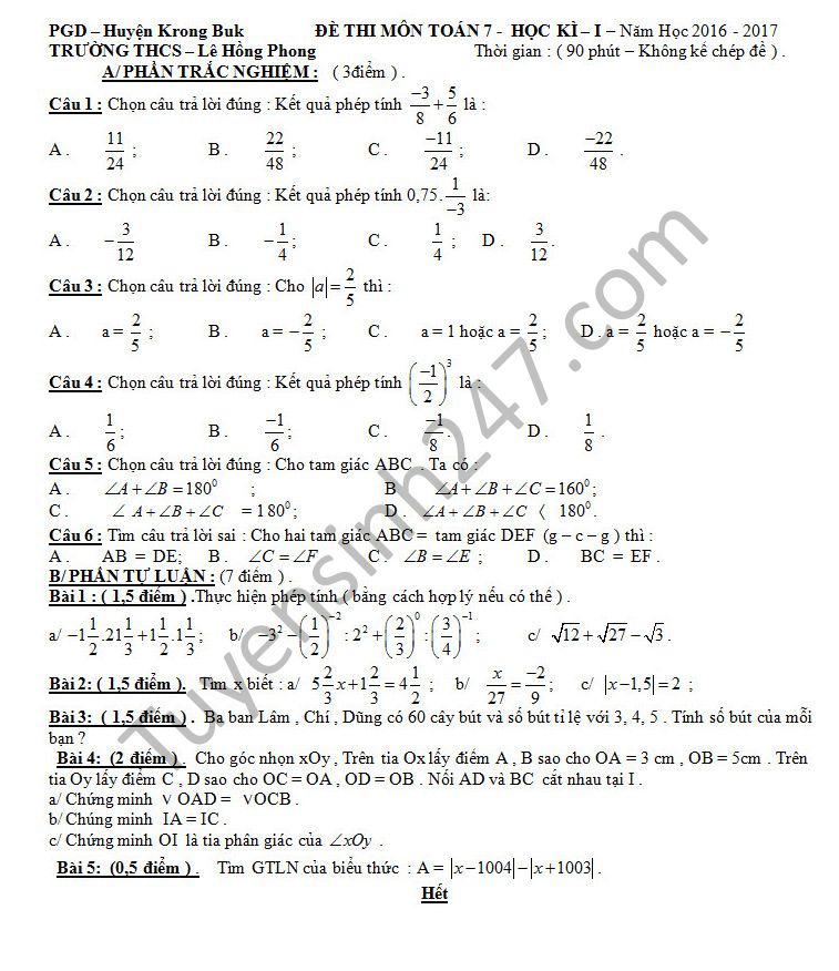 Đề thi học kì 1 lớp 7 môn Toán - trường THCS Lê Hồng Phong năm 2016