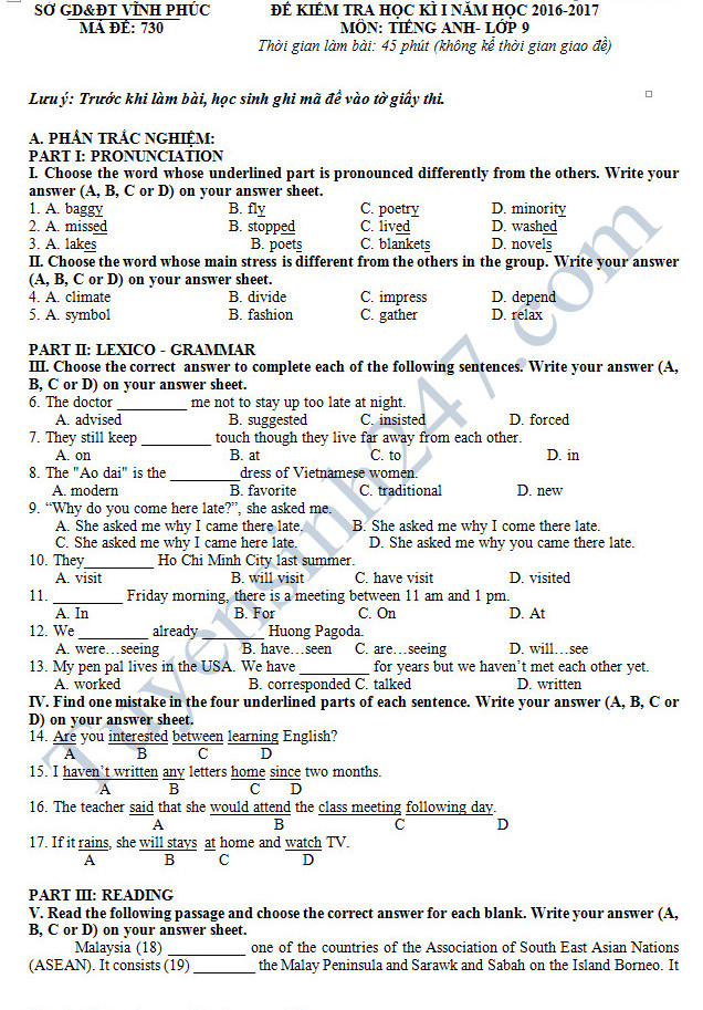 Đề thi học kì 1 lớp 9 môn Anh của Sở GD&ĐT Vĩnh Phúc 2016