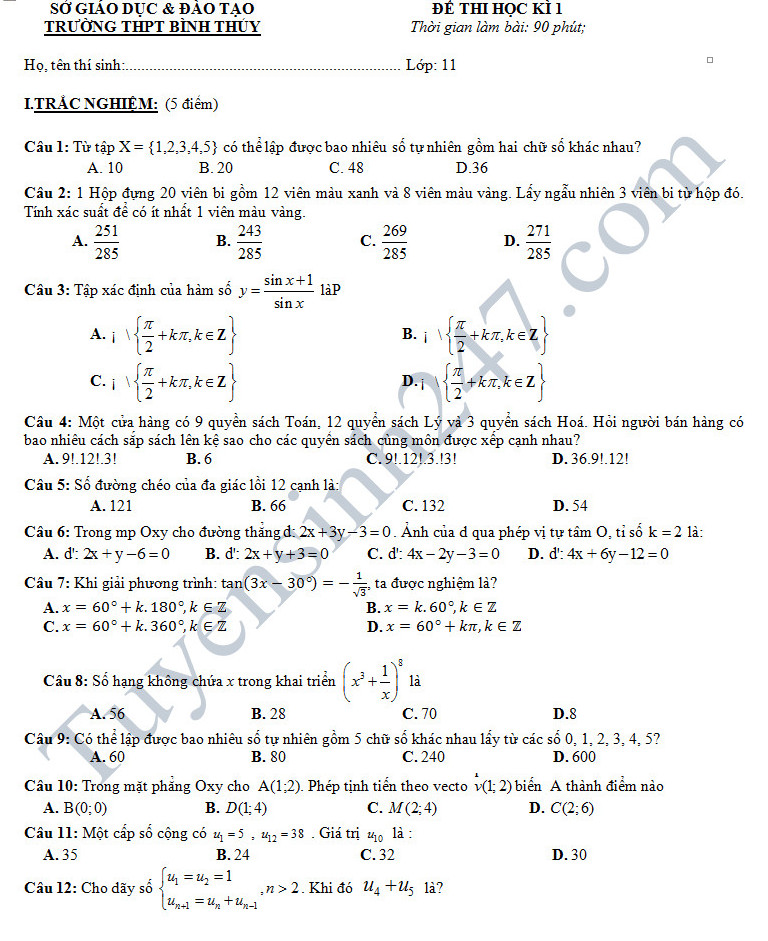 Đề thi học kì 1 lớp 11 môn Toán của trường THPT Bình Thủy năm 2016