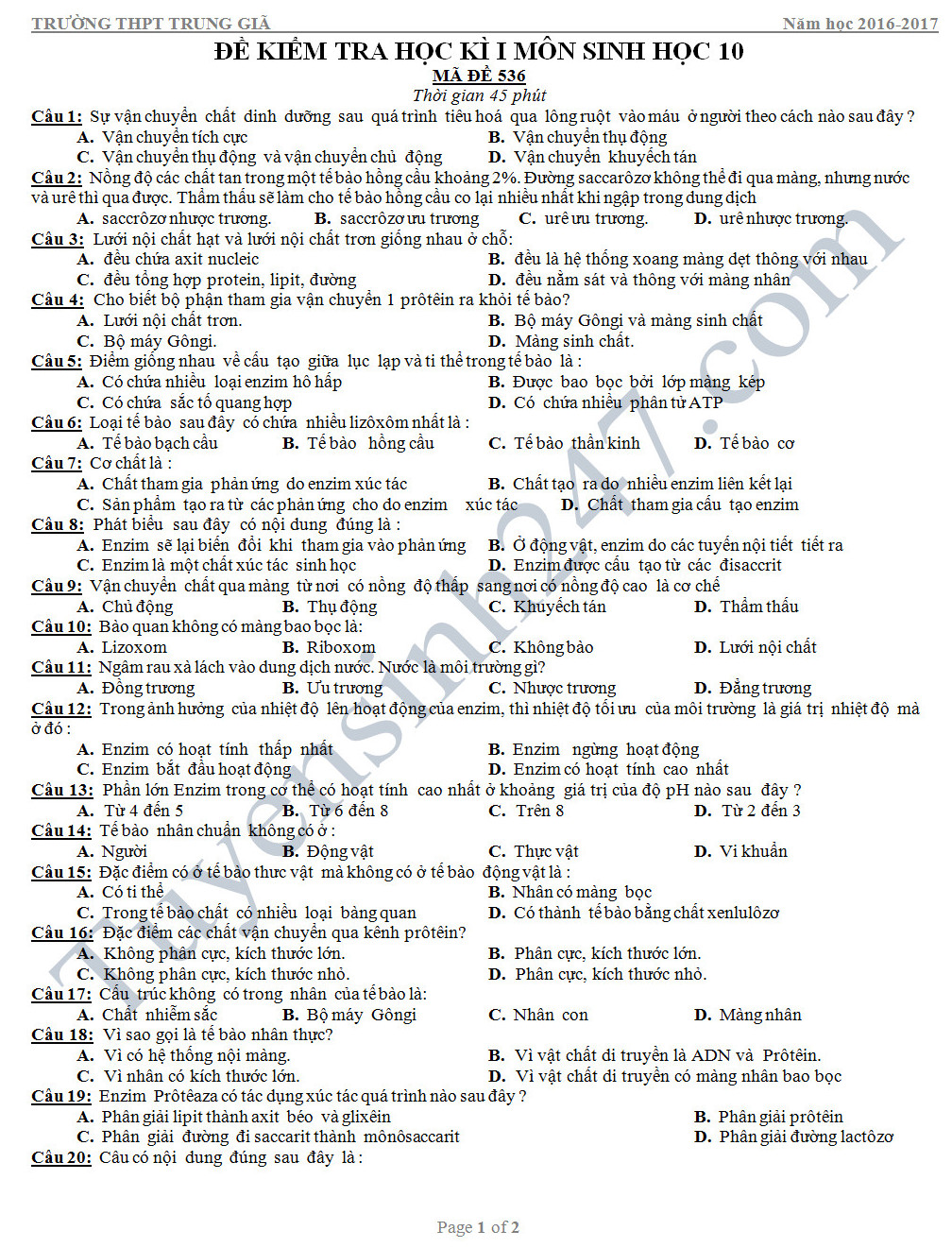 Đề thi học kì 1 lớp 10 môn Sinh học - THPT Trung Giã năm học 2016-2017