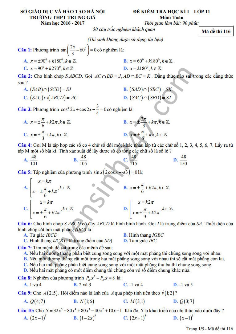 Đáp án và đề thi học kì 1 môn Toán 11 - THPT Trung Giã 2016-2017