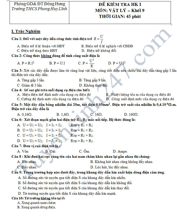 Đáp án và đề thi học kì 1 môn Vật lí 9 - THCS Phong Huy Lĩnh năm 2016-2017 