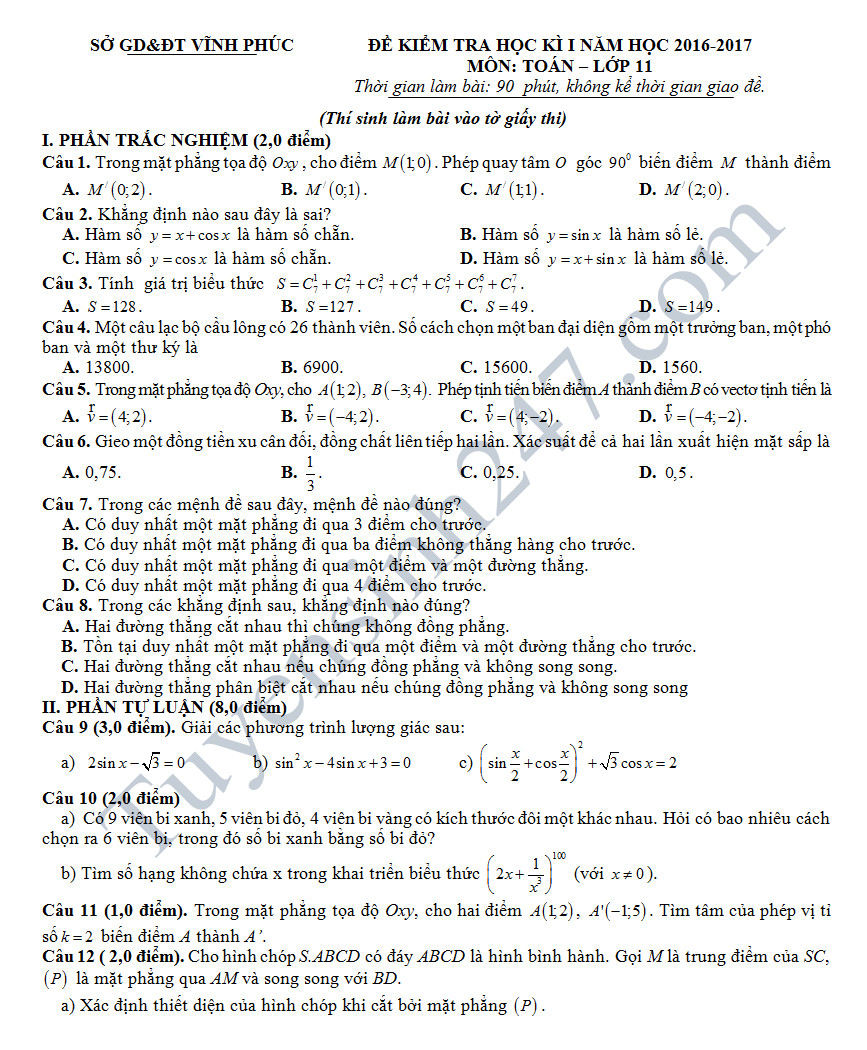 Đề thi học kì 1 lớp 11 môn Toán - Sở GD&ĐT Vĩnh Phúc năm 2016-2017