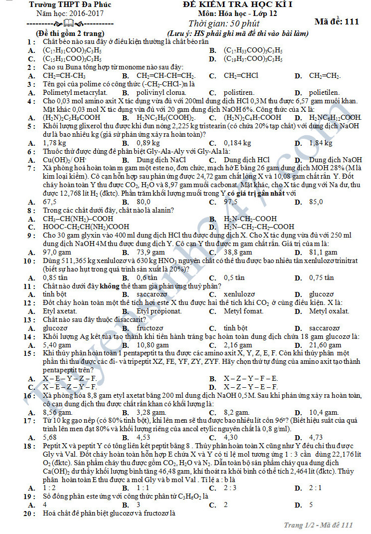 Đáp án và đề thi học kì 1 môn Hóa 12 - THPT Đa Phúc năm 2016-2017 