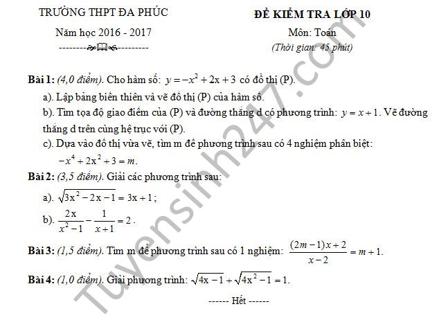Đề thi học kì 1 môn Toán 10 - THPT Đa Phúc năm 2016-2017 có đáp án