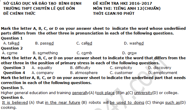 Đề thi học kì 1 môn Anh lớp 12 - THPT Lê Quý Đôn 2016 - 2017