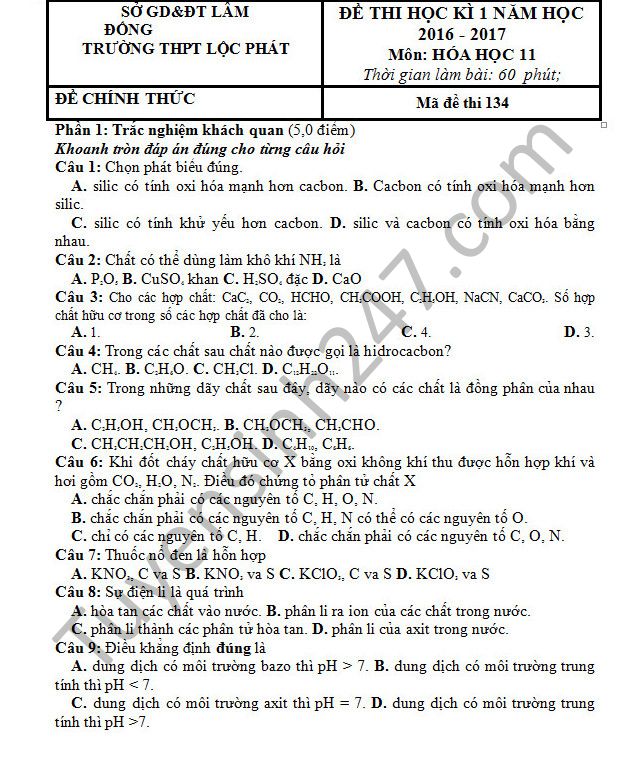 Đề thi học kì 1 lớp 11 môn Hóa - THPT Lộc Phát năm 2016-2017