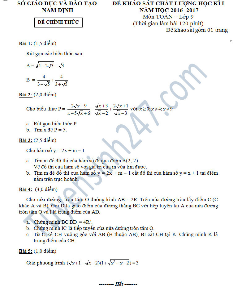Đáp án và đề thi học kì 1 môn Toán 9 - Sở GD&ĐT Nam Định năm 2016-2017