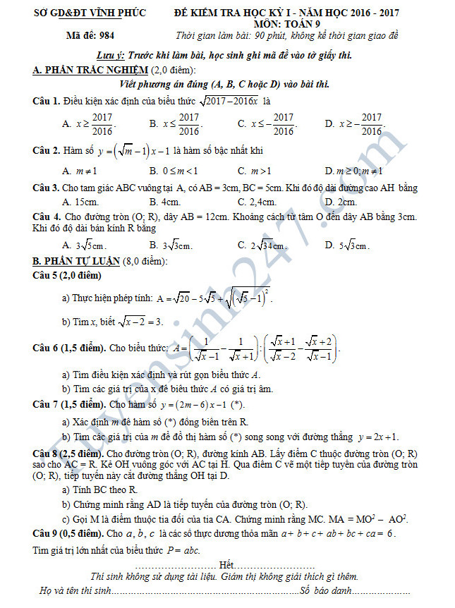 Đề thi học kì 1 môn Toán 9 - Sở GD&ĐT Vĩnh Phúc năm 2016-2017 có đáp án