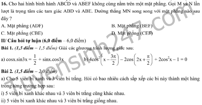 Đề thi học kì 1 lớp 11 môn Toán  - THPT Chuyên Hà Nội - Amsterdam 2016 - 2017