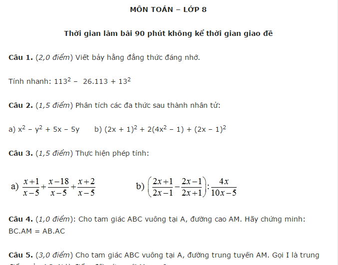 Đề thi học kì 1 toán 8 có đán án - phòng GD Đại từ 2016-2017