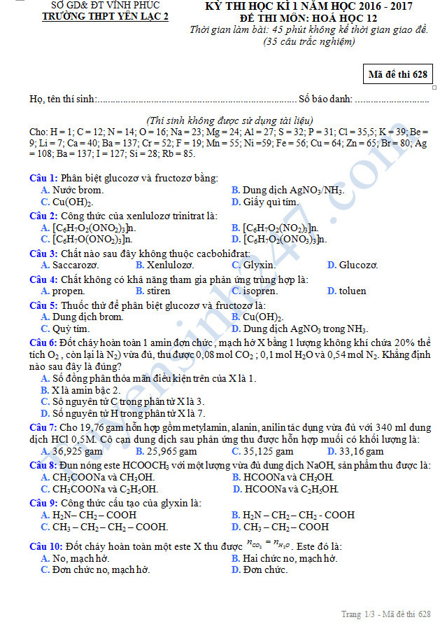 Đề thi học kì 1 lớp 12 môn Hóa - THPT Yên Lạc 2 năm 2016-2017