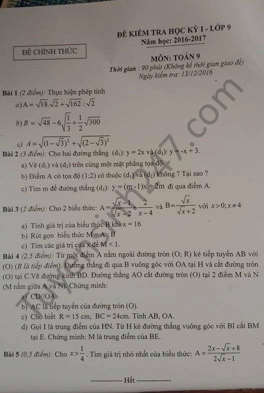 Đề thi học kì 1 lớp 9 môn Toán - Phòng GD huyện Quốc Oai năm 2016-2017