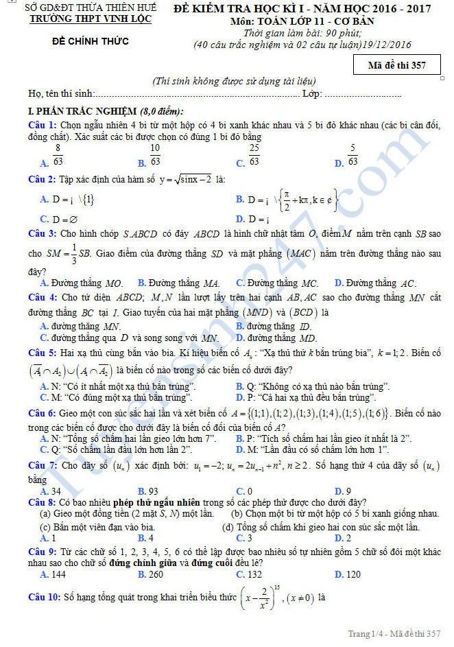 Đề thi kì 1 lớp 11 môn Toán - THPT Vinh Lộc năm 2016-2017