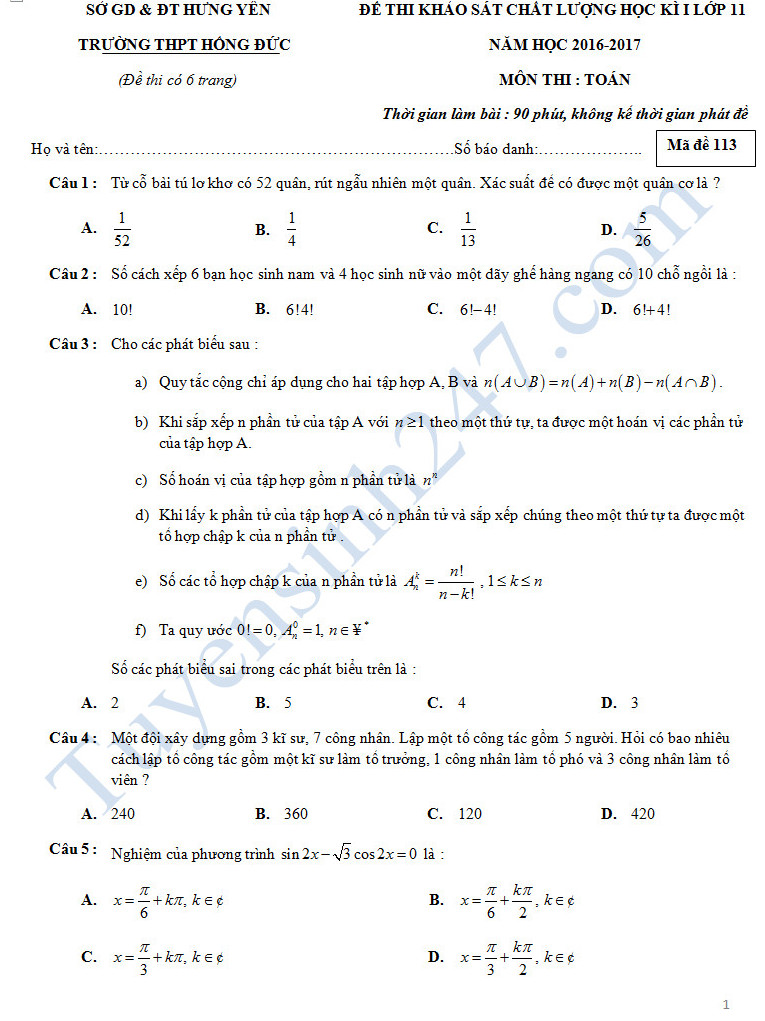 Đề thi học kì 1 lớp 11 môn Toán - THPT Hồng Đức năm 2016-2017
