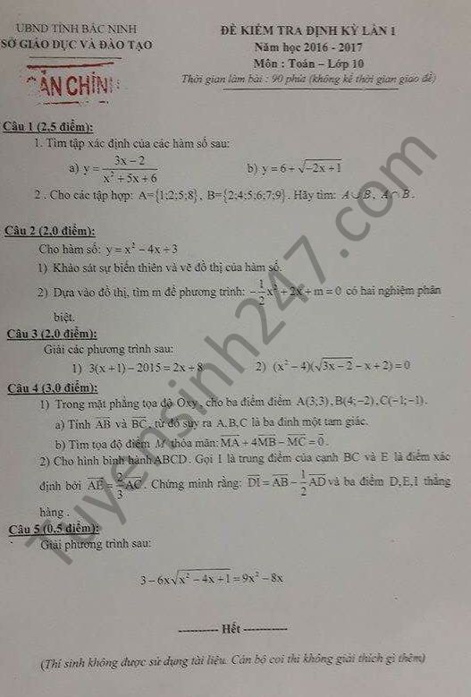Đề thi học kì 1 lớp 10 môn Toán - Sở GD&ĐT Bắc Ninh năm 2016-2017