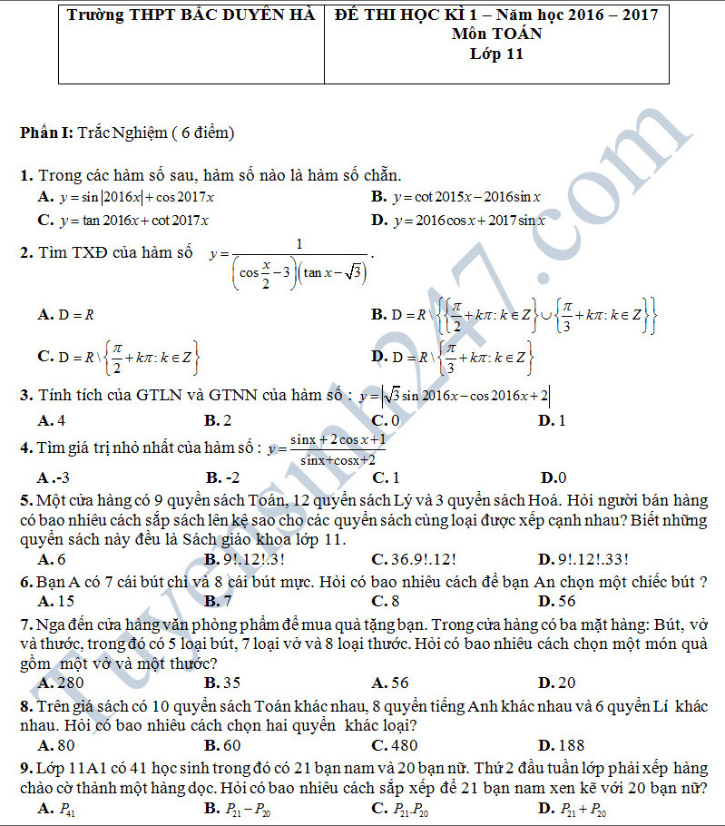 Đề thi học kì 1 lớp 11 môn Toán - THPT Bắc Duyên Hà năm 2016-2017