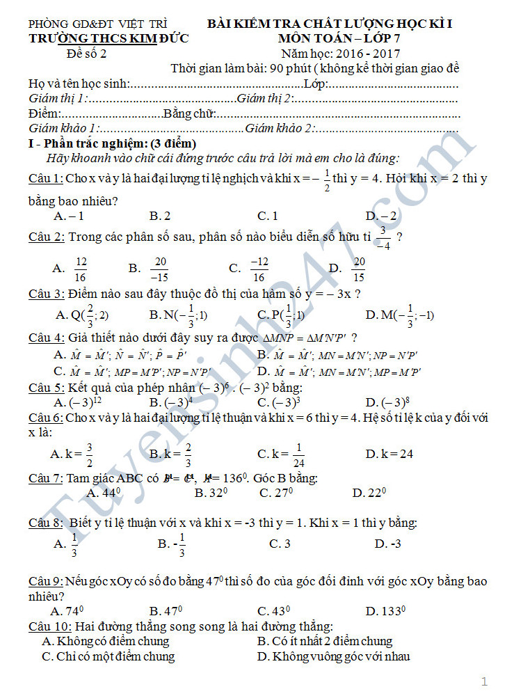 Đáp án và đề thi học kì 1 môn Toán 7 - THCS Kim Đức năm 2016-2017 