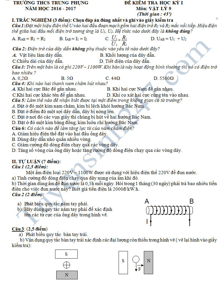 Đề thi học kì 1 lớp 9 môn Lí - THCS Trung Phụng năm 2016-2017 có đáp án