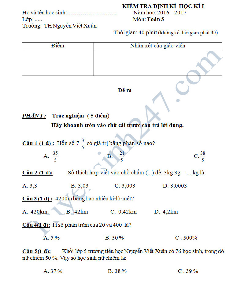 Đề thi học kì 1 môn Toán 5 - Tiểu học Nguyễn Viết Xuân năm 2016-2017 