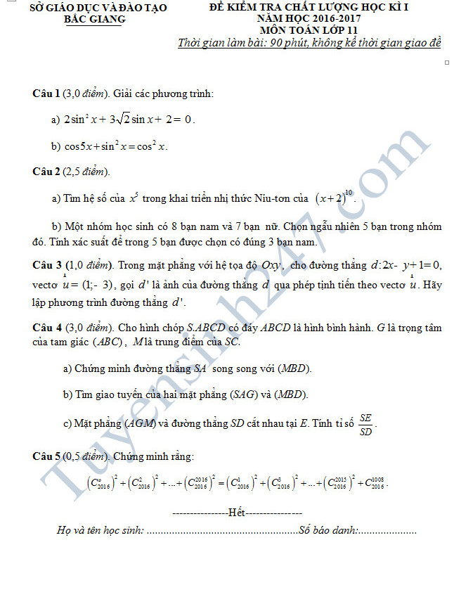 Đề thi học kì 1 lớp 11 môn Toán - Sở GD&ĐT Bắc Giang năm 2016-2017