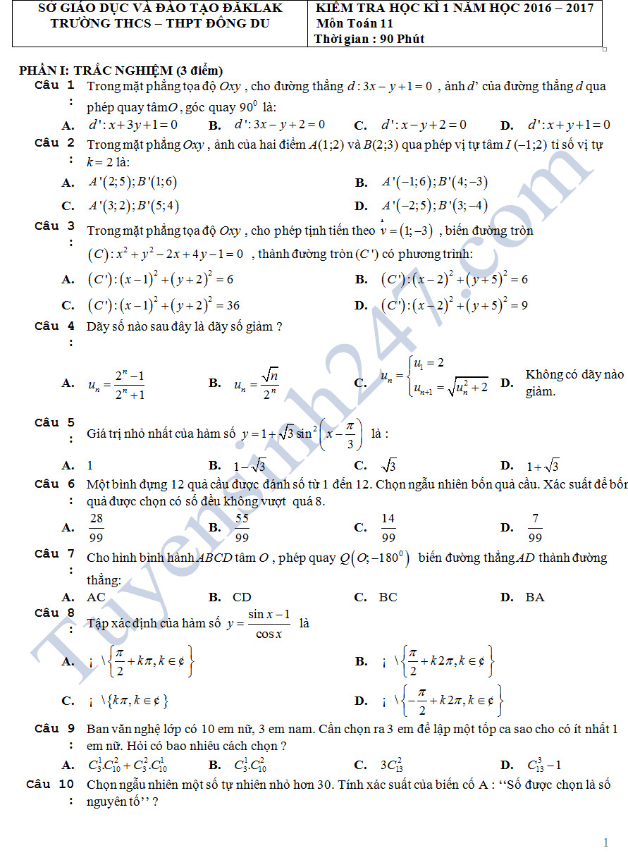 Đề thi học kì 1 lớp 11 môn Toán - THCS&THPT Đông Du năm 2016-2017