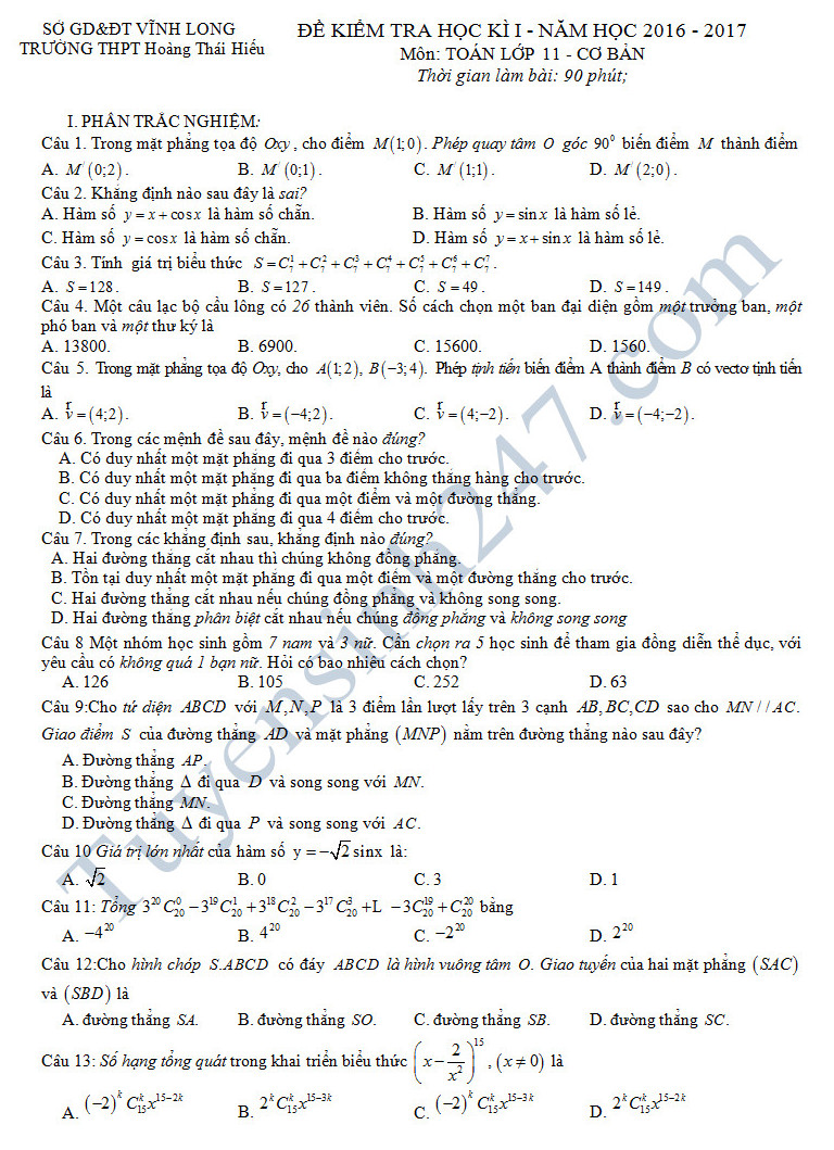 Đề thi cuối học kì 1 lớp 11 môn Toán - THPT Hoàng Thái Hiếu năm 2016-2017