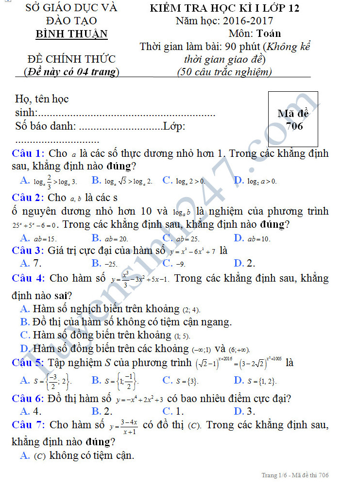 Đề thi học kì 1 lớp 12 môn Toán - Sở GD&ĐT Bình Thuận năm 2016-2017