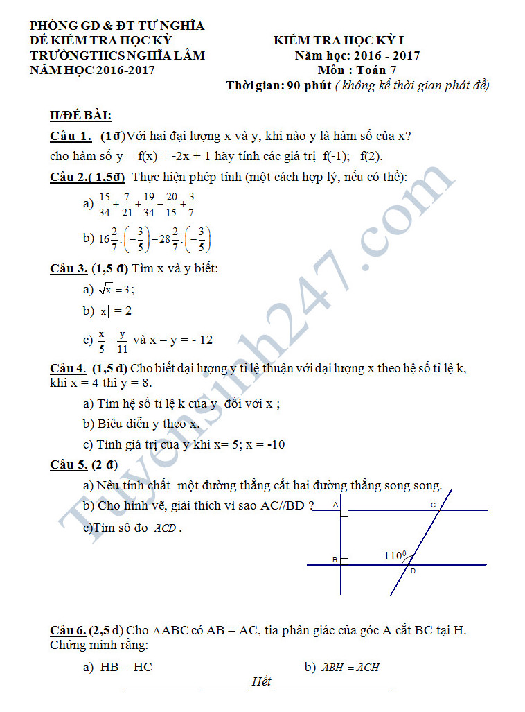 Đề thi học kì 1 lớp 7 môn Toán - THCS Nghĩa Lâm năm 2016-2017 có đáp án