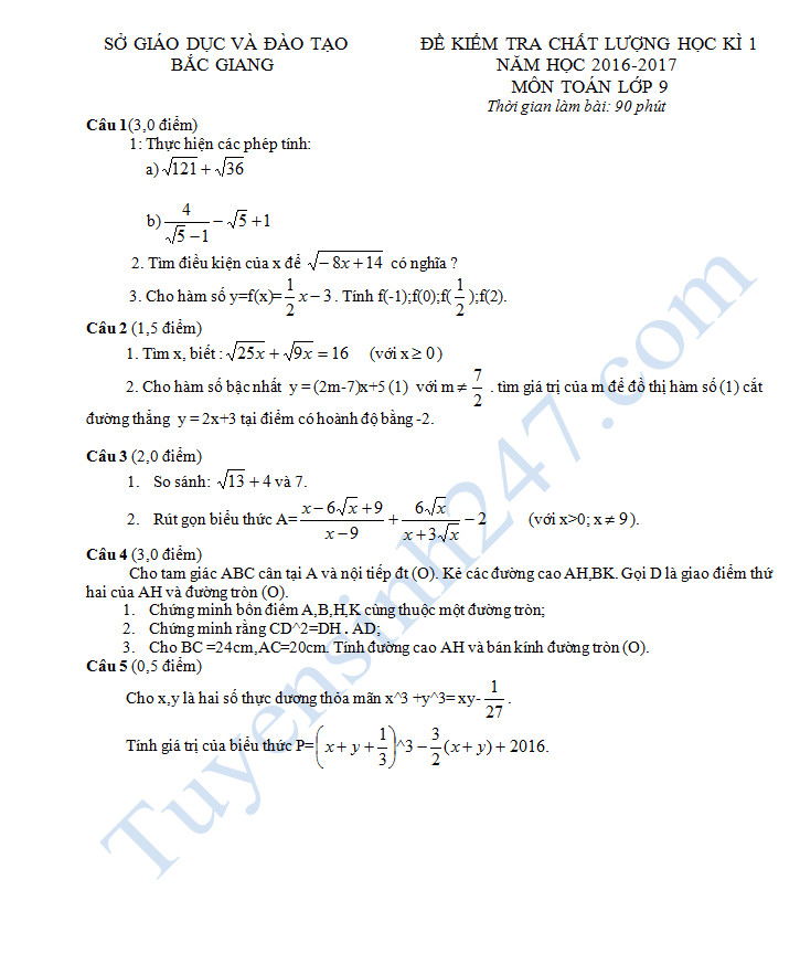 Đề thi cuối học kì 1 lớp 9 môn Toán - Sở GD&ĐT Bắc Giang năm 2016-2017