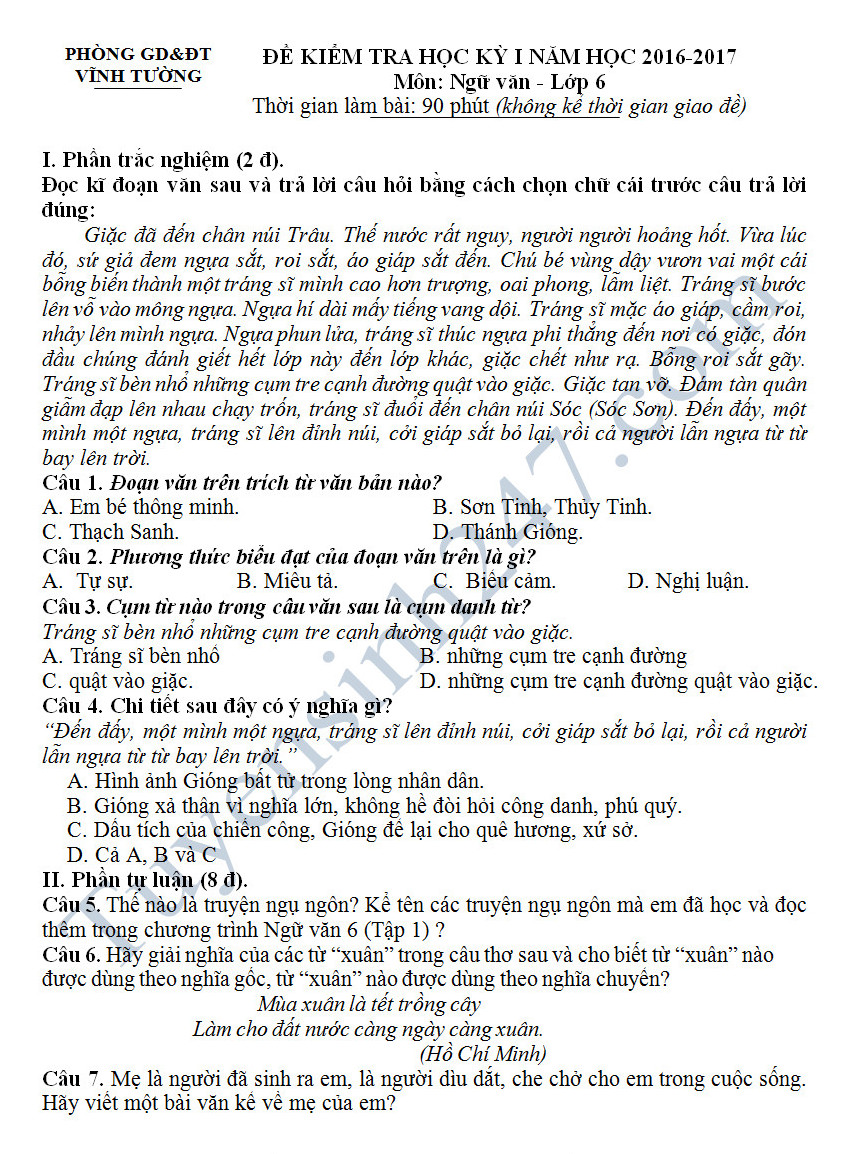 Đề thi học kì 1 lớp 6 môn Văn - Phòng GD&ĐT Vĩnh Tường năm 2016-2017