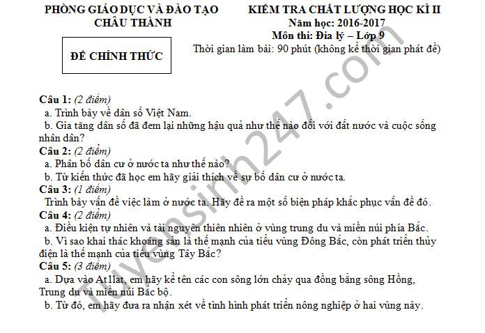 Đề thi học kì 1 lớp 9 môn Địa - Phòng GD&ĐT Châu Thành năm 2016-2017