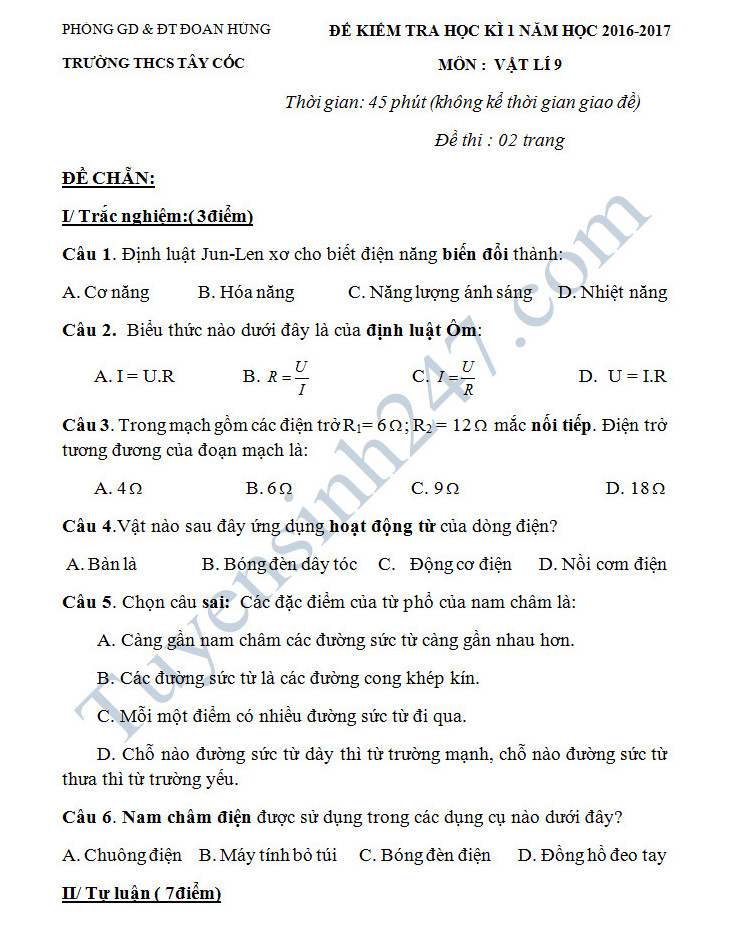 Đề thi cuối học kì 1 lớp 9 môn Lí - THCS Tây Cốc năm 2016-2017