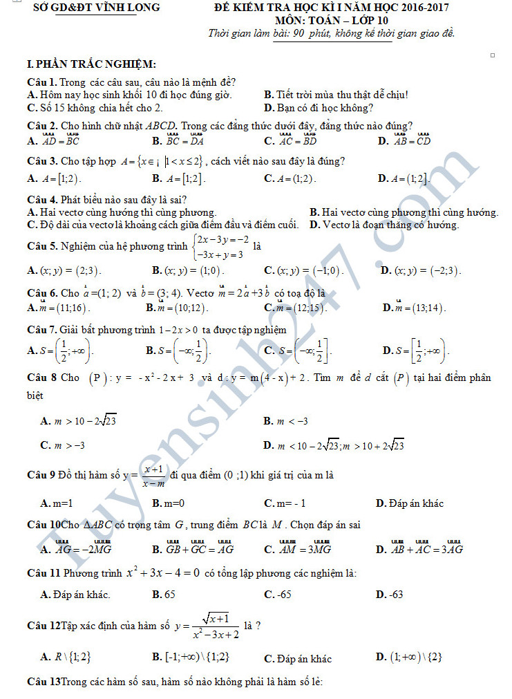 Đề thi học kì 1 lớp 10 môn Toán - Sở GD&ĐT Vĩnh Long năm 2016-2017