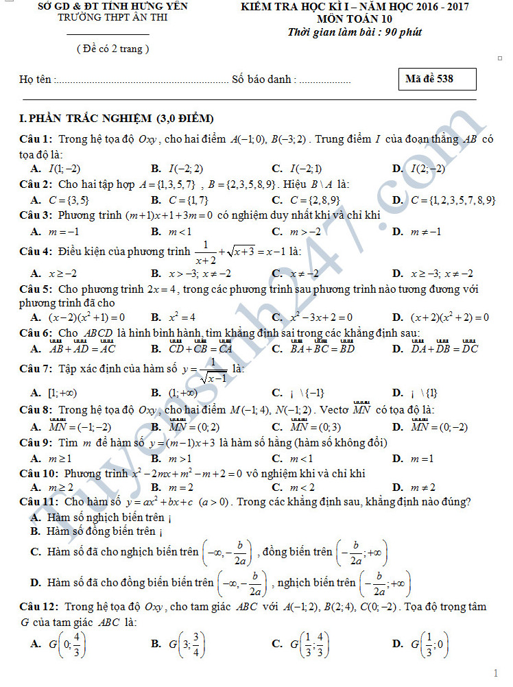 Đề thi học kì 1 lớp 10 môn Toán - THPT Ân Thi năm 2016-2017