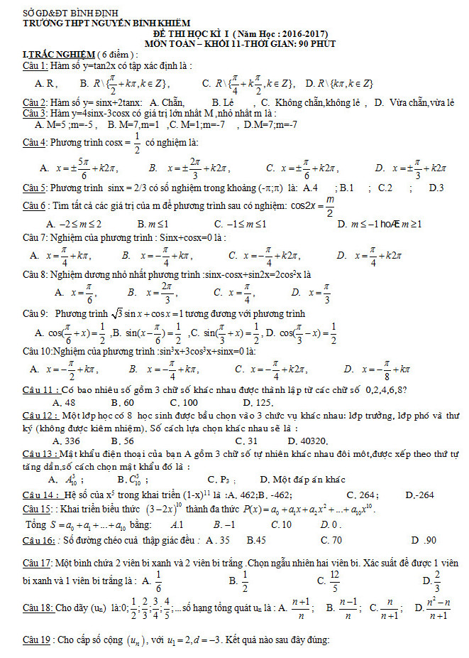Đề thi học kì 1 lớp 11 môn Toán - THPT Nguyễn Bỉnh Khiêm năm 2016-2017