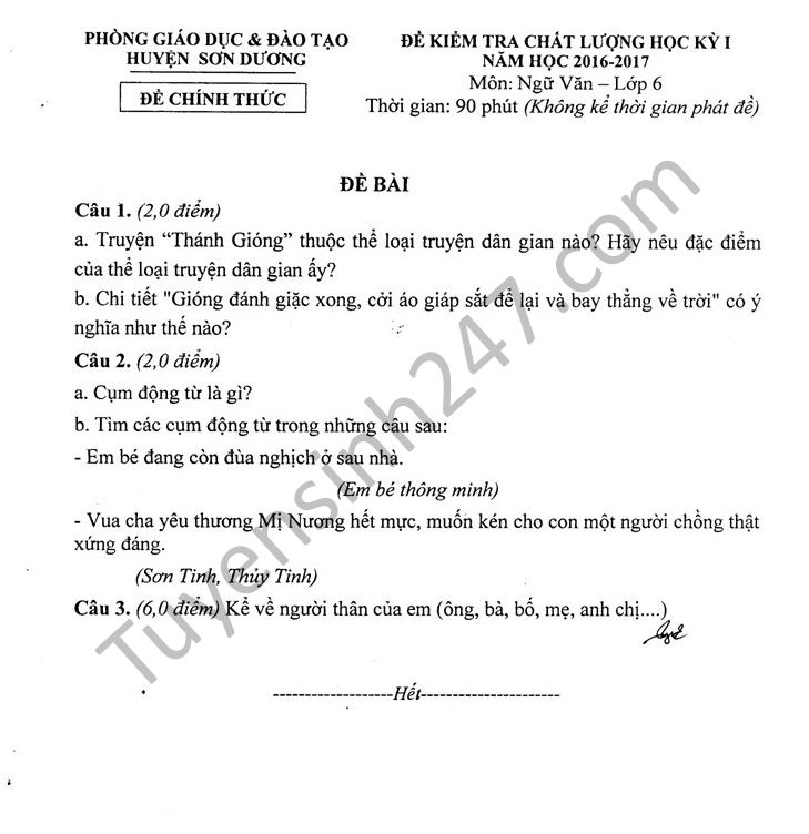 Đề thi học kì 1 môn Văn 6 - Phòng GD&ĐT Sơn Dương năm 2016-2017 có đáp án