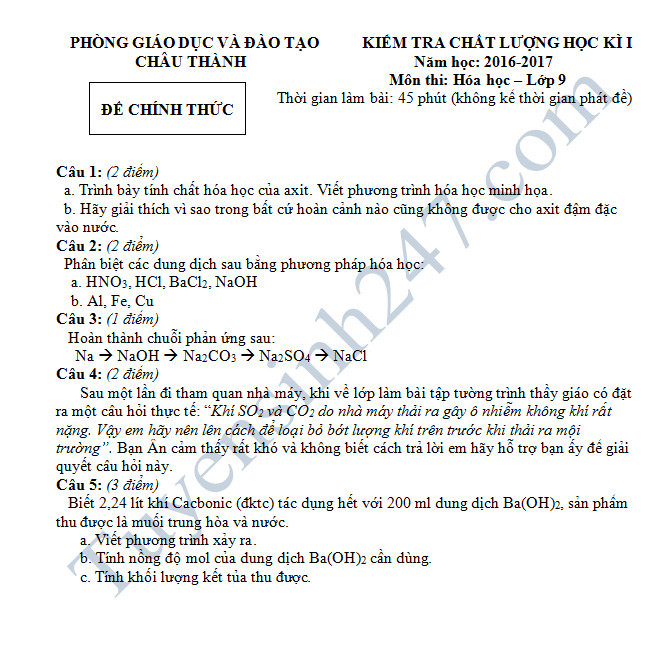 Đề thi học kì 1 môn Hóa học 9 - Phòng GD&ĐT Châu Thành năm 2016-2017 có đáp án