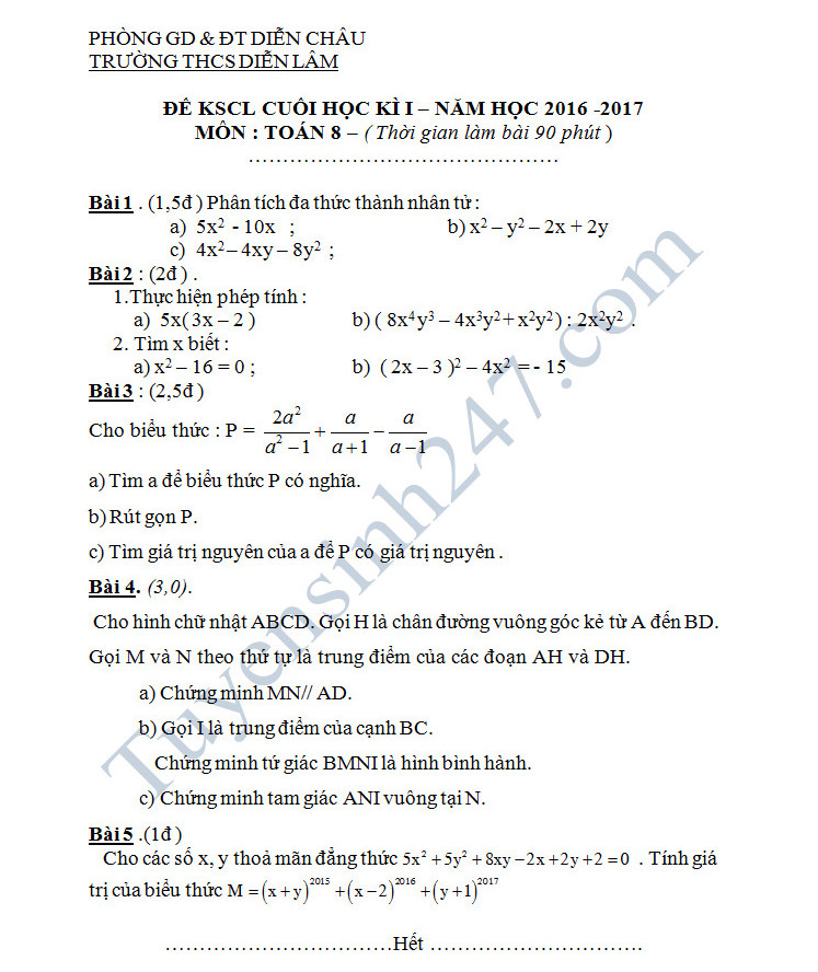 Đề thi học kì 1 môn Toán lớp 8 - THCS Diễn Lâm năm 2016-2017
