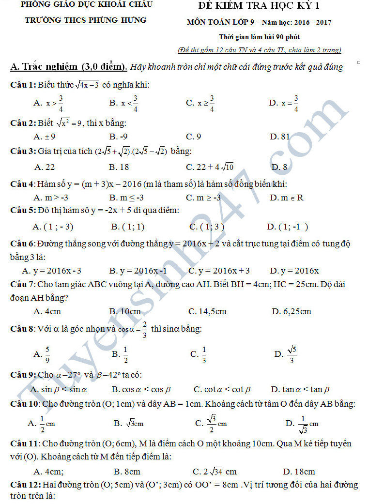 Đề thi học kì 1 môn Toán lớp 9 - THPT Phùng Hưng năm 2016-2017