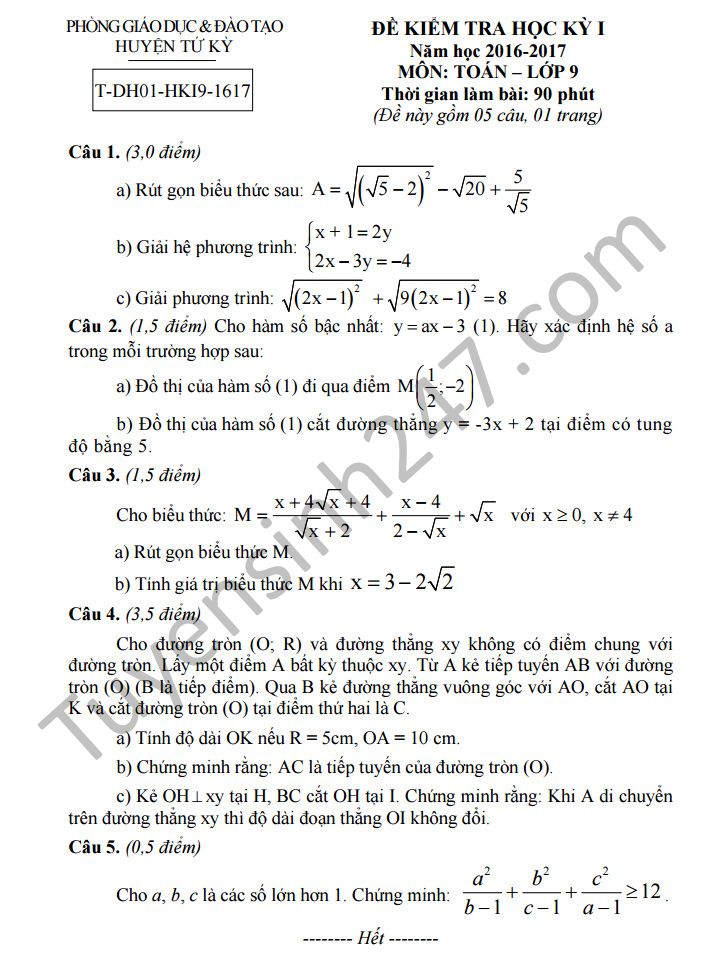 Đề thi học kì 1 lớp 9 môn Toán - Phòng GD&ĐT Tứ Kỳ năm 2016-2017