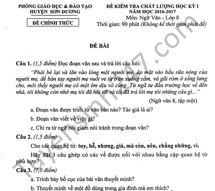 Đề thi học kì 1 lớp 8 môn Văn - Phòng GD&ĐT Sơn Dương năm 2016-2017