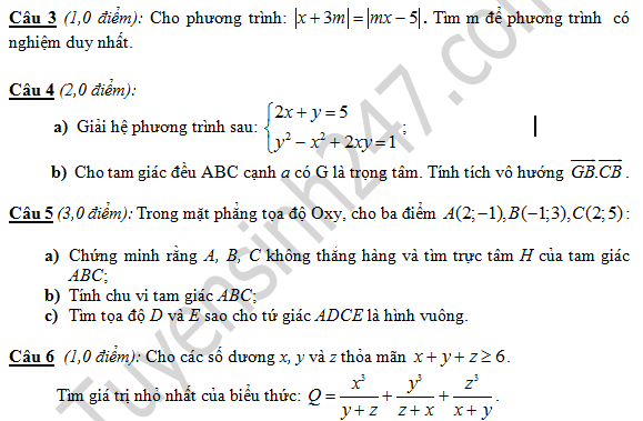 Đề thi học kì 1 lớp 10 môn Toán - THPT thị xã Quảng Trị 2016 - 2017