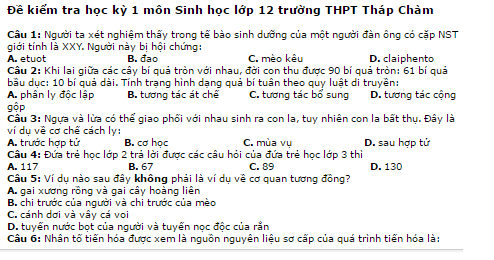 Đề thi kì 1 môn sinh lớp 12 có đáp án THPT Tháp Chàm 2016-2017