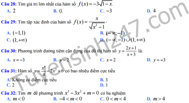 Đề thi học kì 1 môn Toán 12 - Sở GD Trà Vinh năm 2016 - 2017