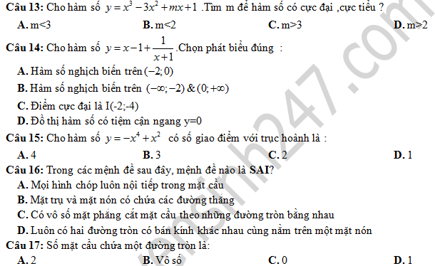 Đề thi học kì 1 lớp 12 môn Toán - THPT Ân Thi 2016 -2017