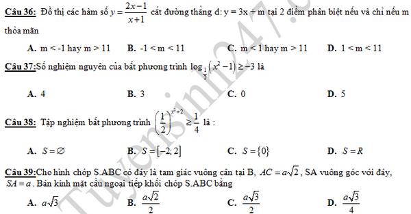 Đề thi học kì 1 lớp 12 môn Toán -  THPT Thủ Đức 2016 - 2017