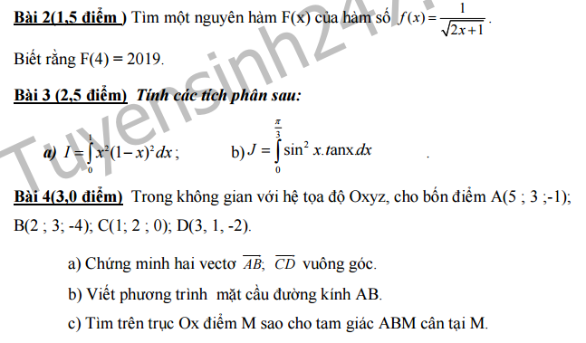 Đề thi giữa kì 2 lớp 12 môn Toán - THPT Phan Văn Trị 2016