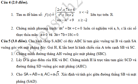 Đề thi giữa học kì 2 lớp 11 môn Toán – THPT Lý Thái Tổ 2016